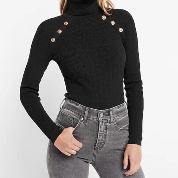 EXPRESS Black Turtleneck Sweater Military Gold Button Accent Balmain-Style Small - Picture 8 of 8